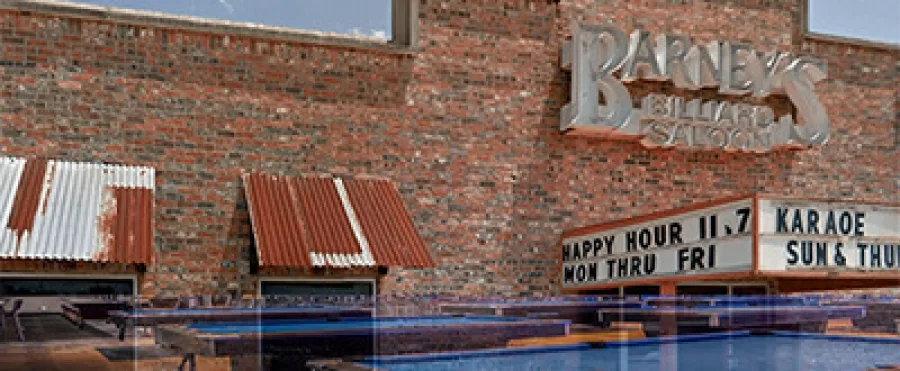 Barney's Billiard Saloon storefront on Sawdust Road