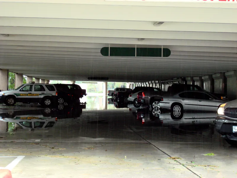 Cars parked in the Cinemark parking garage in standing water Cars parked in the Cinemark parking garage in standing water during Hurricane Ike