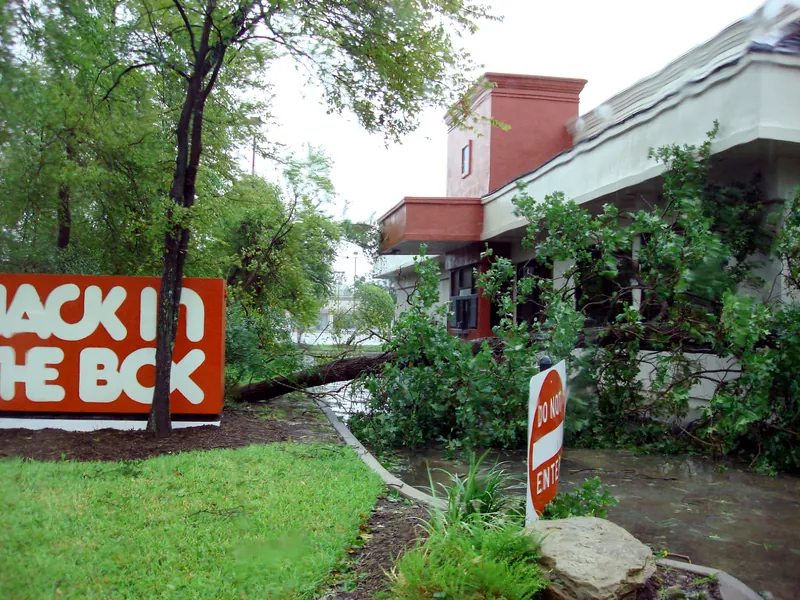 Tree fallen against the Jack in the Box near The Woodlands Mall Tree fallen against the Jack in the Box near The Woodlands Mall after Hurricane Ike