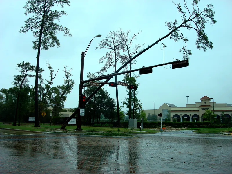Traffic signal knocked down at Six Pines Drive and the mall ring road Traffic signal knocked down at Six Pines Drive and the mall ring road during Hurricane Ike