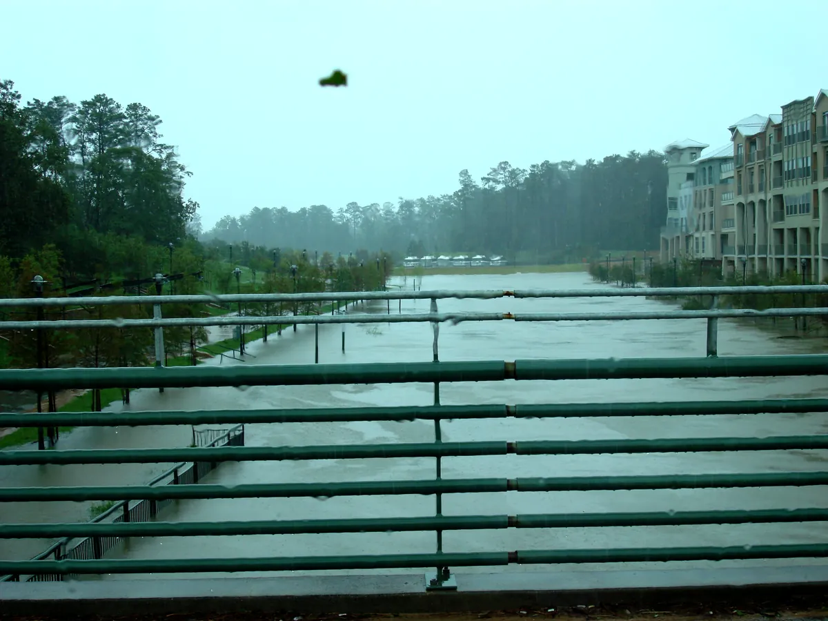 The Woodlands Waterway flooded, seen from a bridge with town homes on the right The Woodlands Waterway flooded during Hurricane Ike, seen from a bridge with town homes on the right
