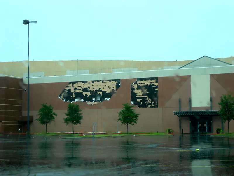 The Woodlands Mall outer wall with panels torn off The Woodlands Mall outer wall with panels torn off by Hurricane Ike