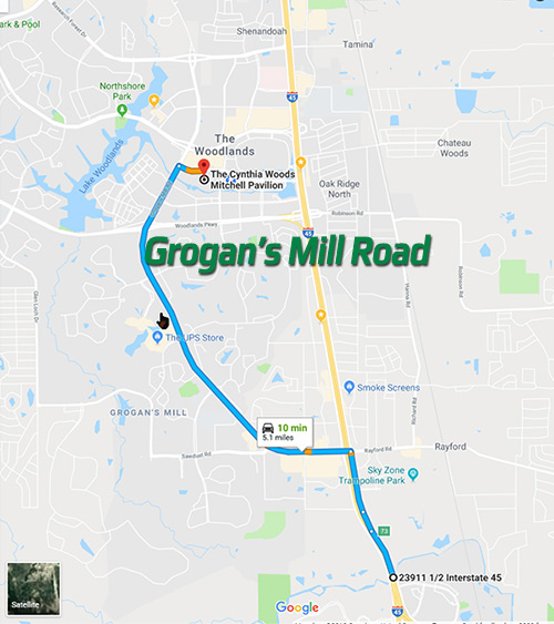 Map Grogan's Mill Road to Woodlands Pavilion