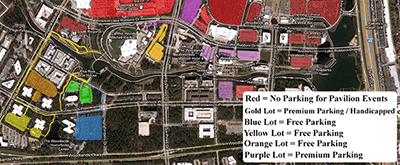 Where are the Woodlands Pavilion parking areas?