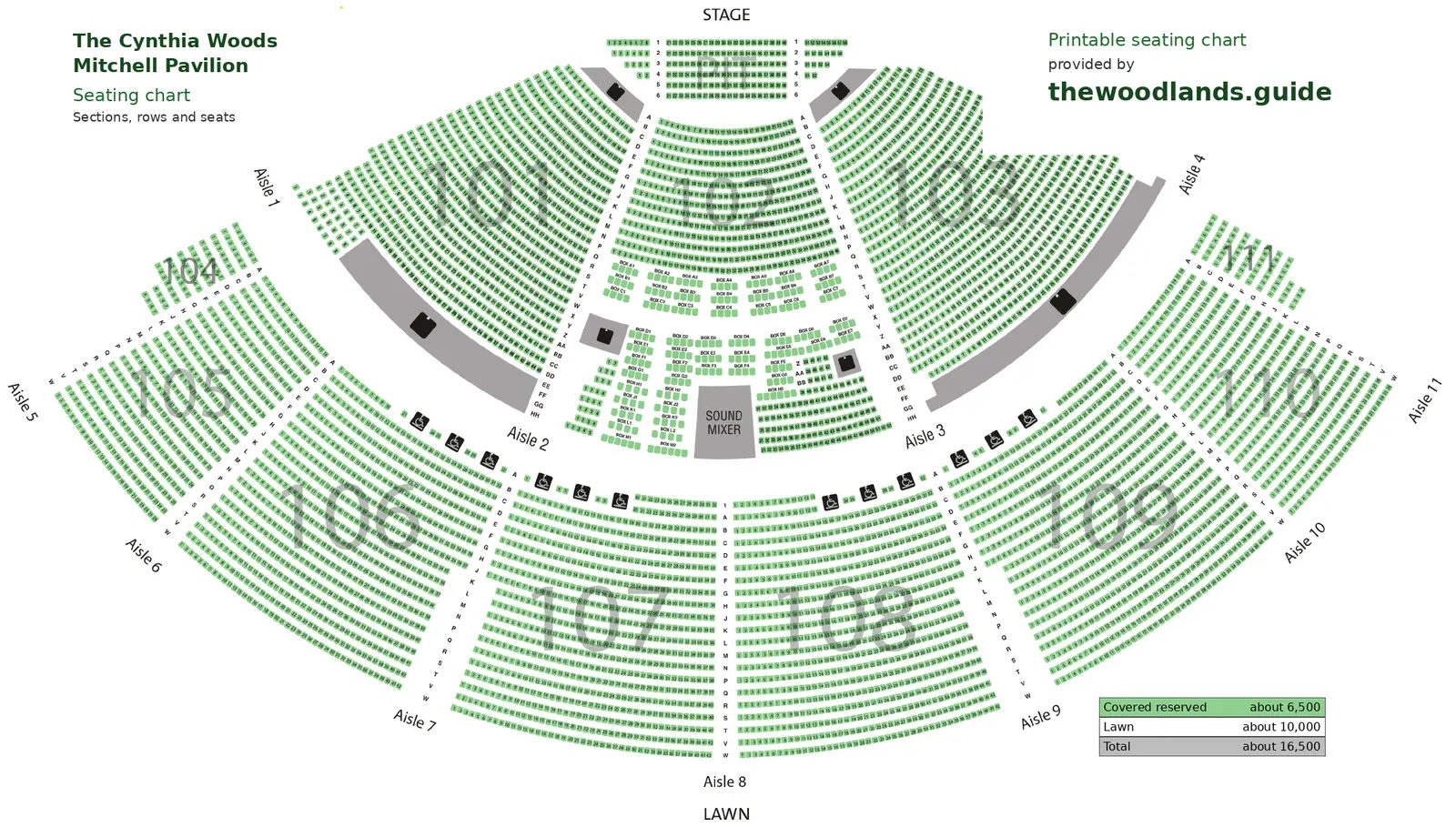 Cynthia Woods Mitchell Pavilion seating chart Cynthia Woods Mitchell Pavilion seating chart with sections 101-111, rows, seat numbers, pit and lawn