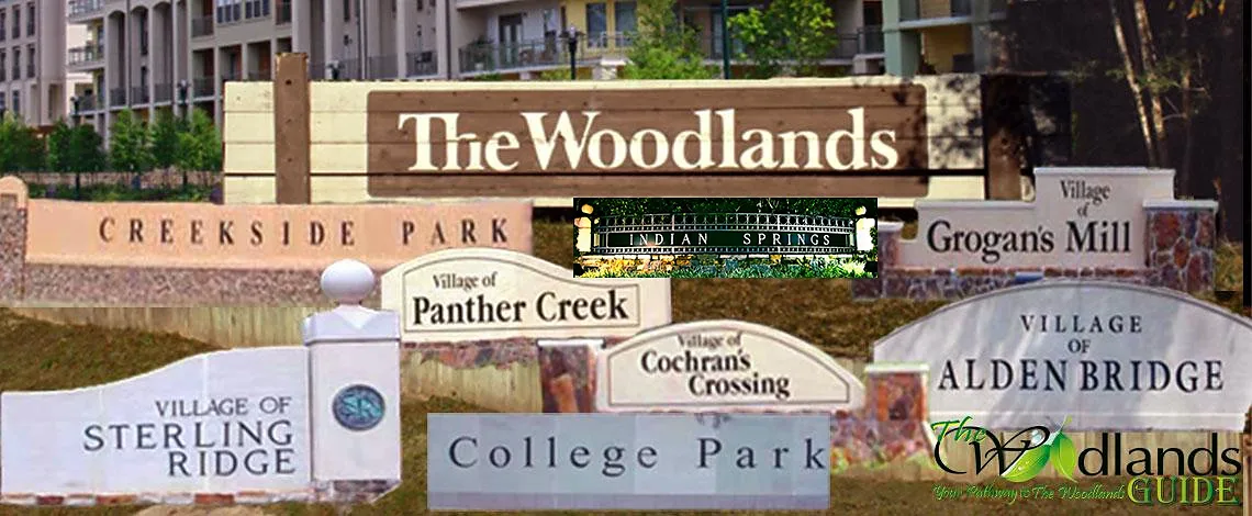 Village entrance signs of The Woodlands Entrance signs for the eight villages of The Woodlands, Texas: Creekside Park, Indian Springs, Grogan’s Mill, Panther Creek, Cochran’s Crossing, Alden Bridge, Sterling Ridge and College Park